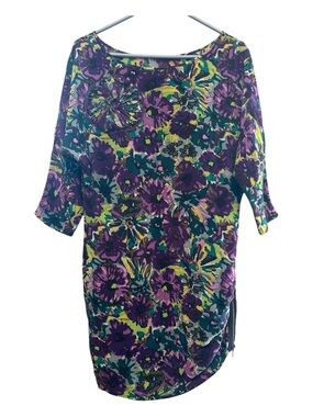 BCBGMaxazaria 100% Silk Purple Floral Tunic Mini Dress Size XS